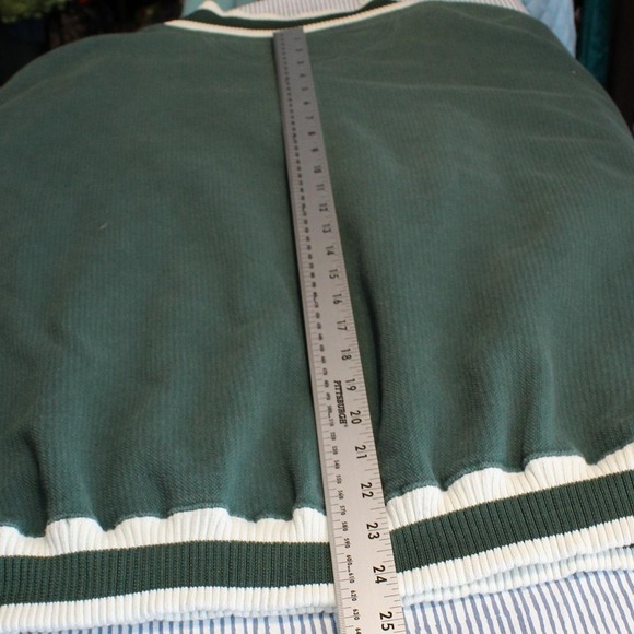 Vintage 90s Pluma XXL Green White Striped V-Neck Heavyweight Pique Sweatshirt - Picture 9 of 10